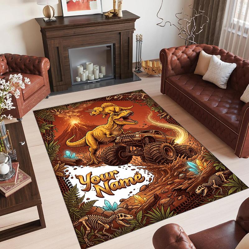 Dinosaur Theme Crystal Velvet Rug Personalized Custom Name Text Soft Floor Mat Home Decor