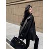 Kumikumi High Sense Black Lapel Long Sleeve Leather Coat Outerwear Women Autumn All-Match Loose Slimming Temperament Top