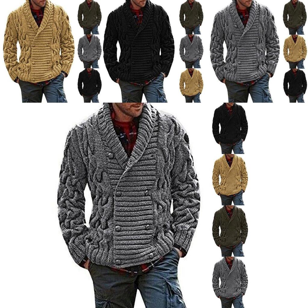 Thick Mens Knitted Shawl Collar Double Breasted Cable Knitwear Cardigan Sweater