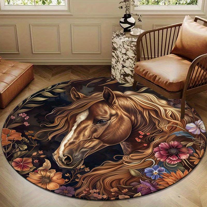Crystal Velvet Long-haired Horse Print Round Carpet with Floral Design - Suitable for Bedroom, Living Room, and Home Decoration - Non-slip M