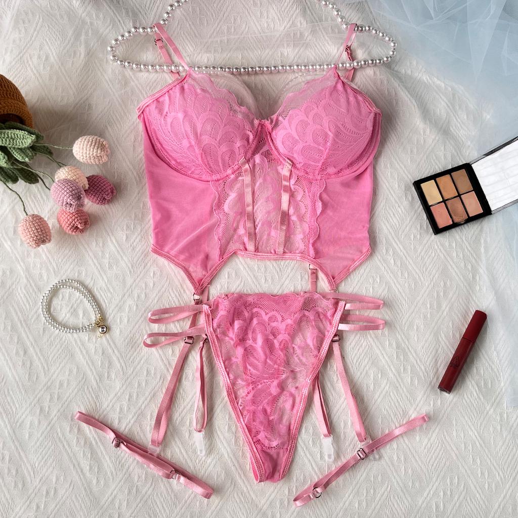 Lingerie set Lace Garter Lingerie Set With Choker Women Intimates Underwire Bra And Thongs Ladies Underwear Set