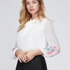 Fashion Long Sleeve Chiffon White Shirts Women Solid Embroidery Flowers Elegant Women's Blouses Vintage Lace-up Bow Collar Office Lady Tops 6056