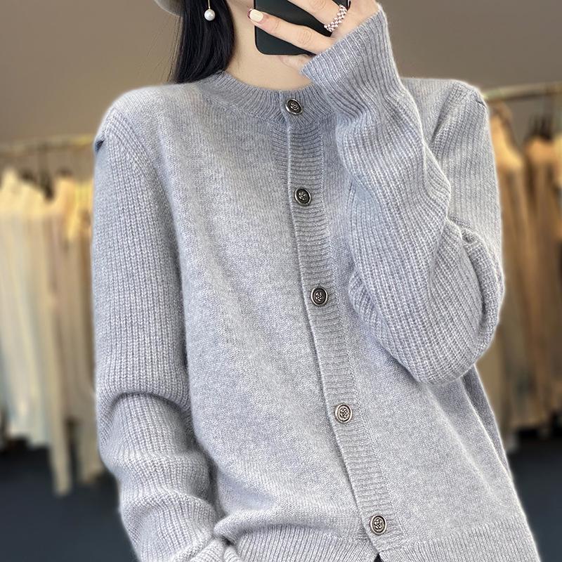 Women's 100% Cashmere Wool Loose Knit Sweater Coat - Round Neck, Spring Cardigan Style.