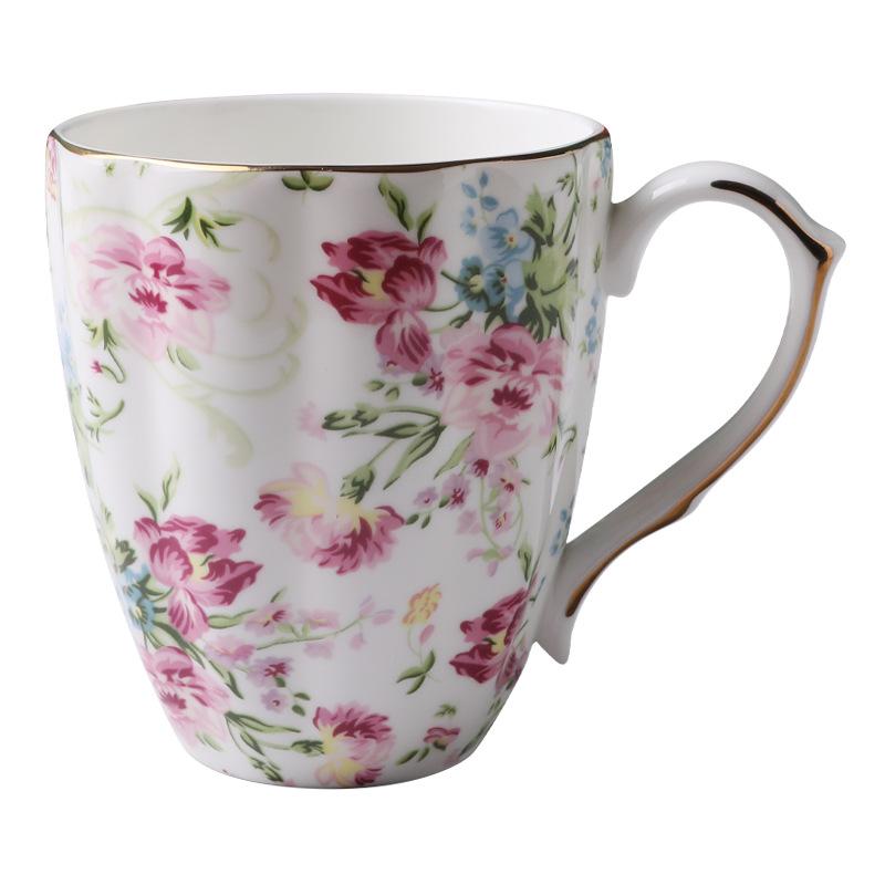 Bone China Coffee Mugs with Gold Rim, Porcelain Tea Mug 450ml Floral Teacups for Women Birthday Christmas Gifts