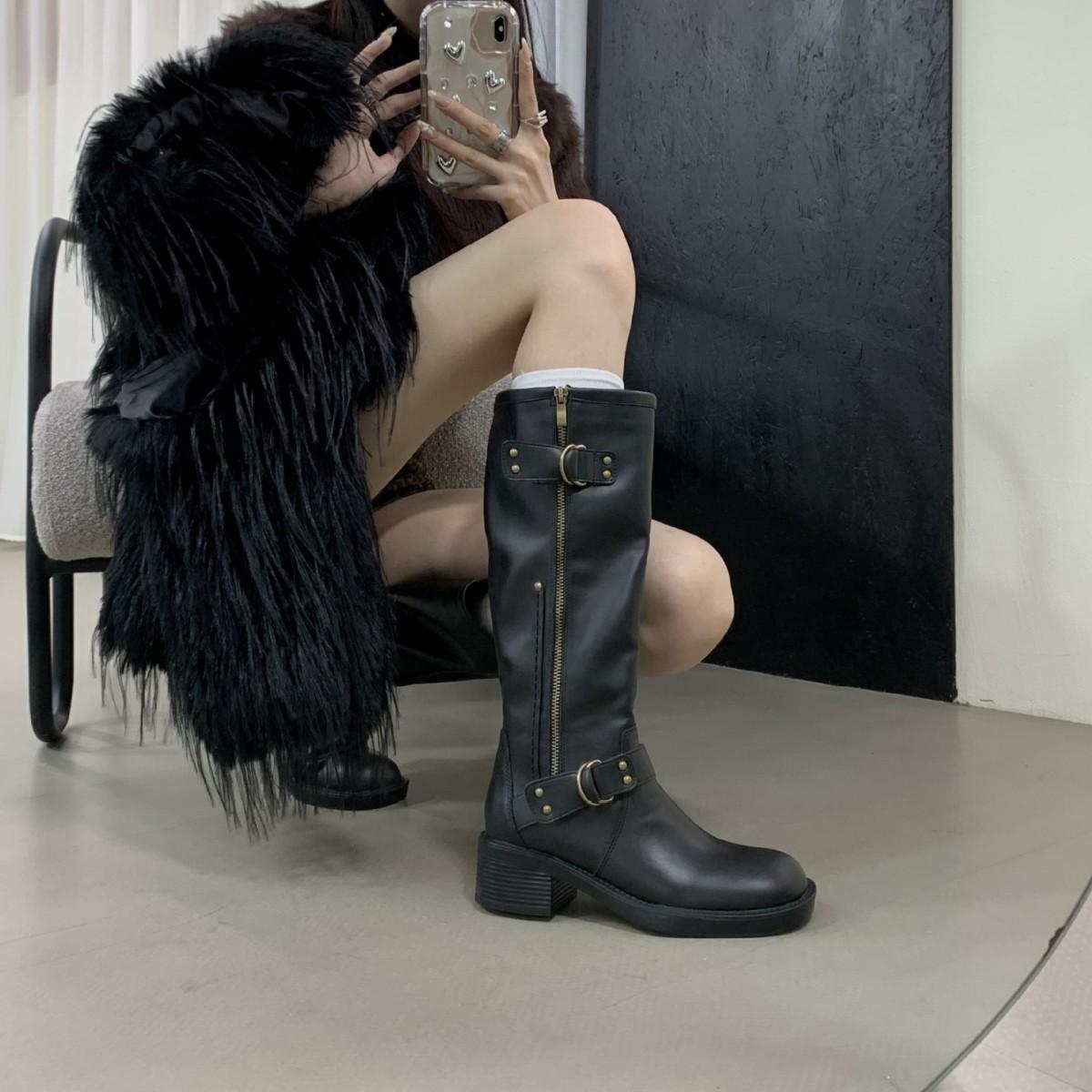 

Thick Heel Vintage Brown Maillard Medium Knight Boots Women s Shoes 2025 Spring Autumn Winter Belt Buckle Long Boots 39