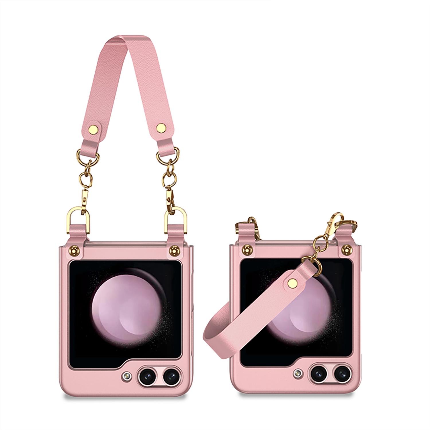 

GKK For Samsung Galaxy Z Flip5 5G Hand Strap PC Phone Case Ultra Thin Protective Phone Cover with Integrated Small Screen Film Pink