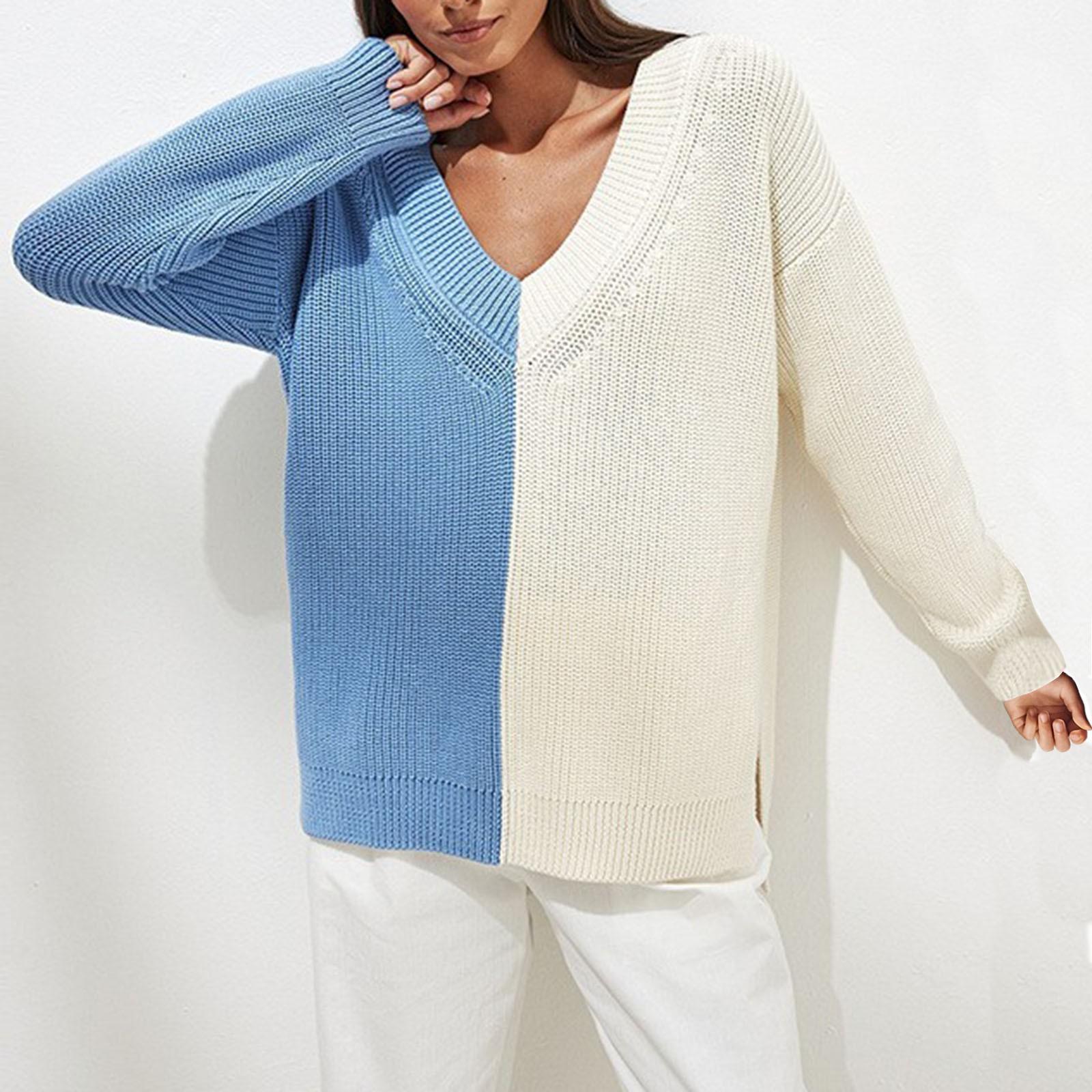 

Женский осенне-зимний вязаный свитер свободного покроя с V-образным вырезом и длинными рукавами S синий