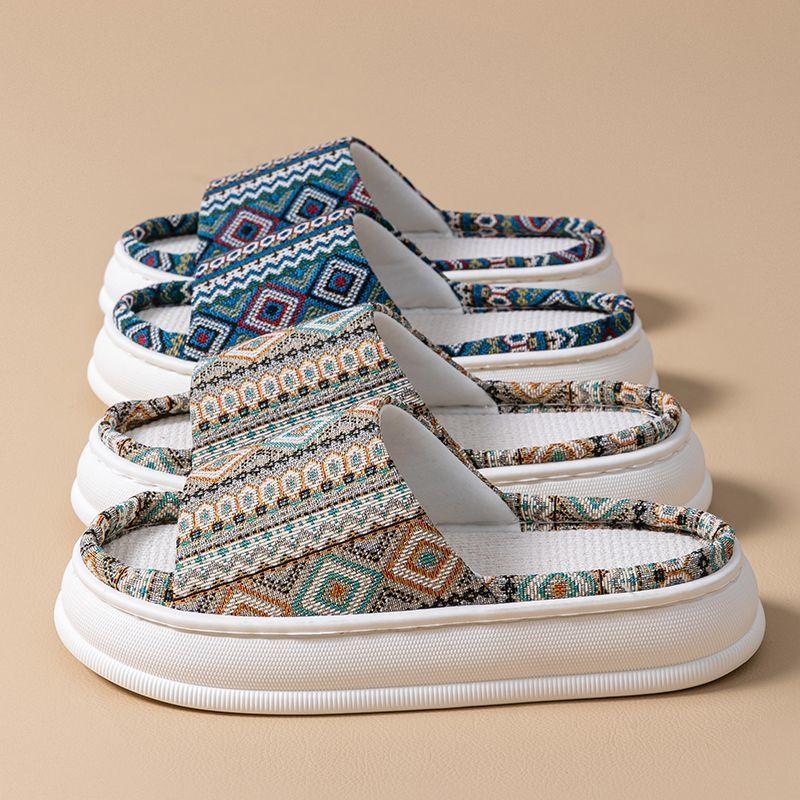 Ethnic style linen slippers home summer women's indoor household wooden floor non-slip breathable fabric cool slippers men