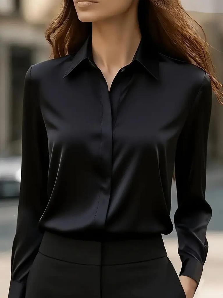 Women's 2025 Autumn Solid Color Satin Lapel Shirt - Long Sleeve, Versatile