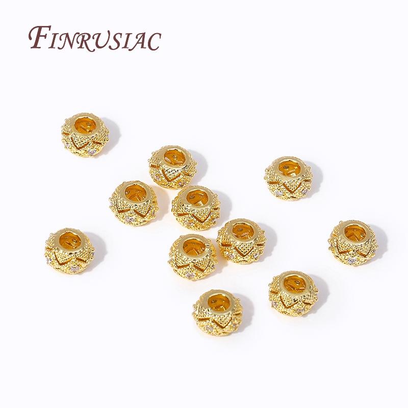 18K Gold Plated Inlaid Zircon Round Spacer Beads Metal Big Hole Beads For Bracelet DIY Jewellery Making Needlework Supplies