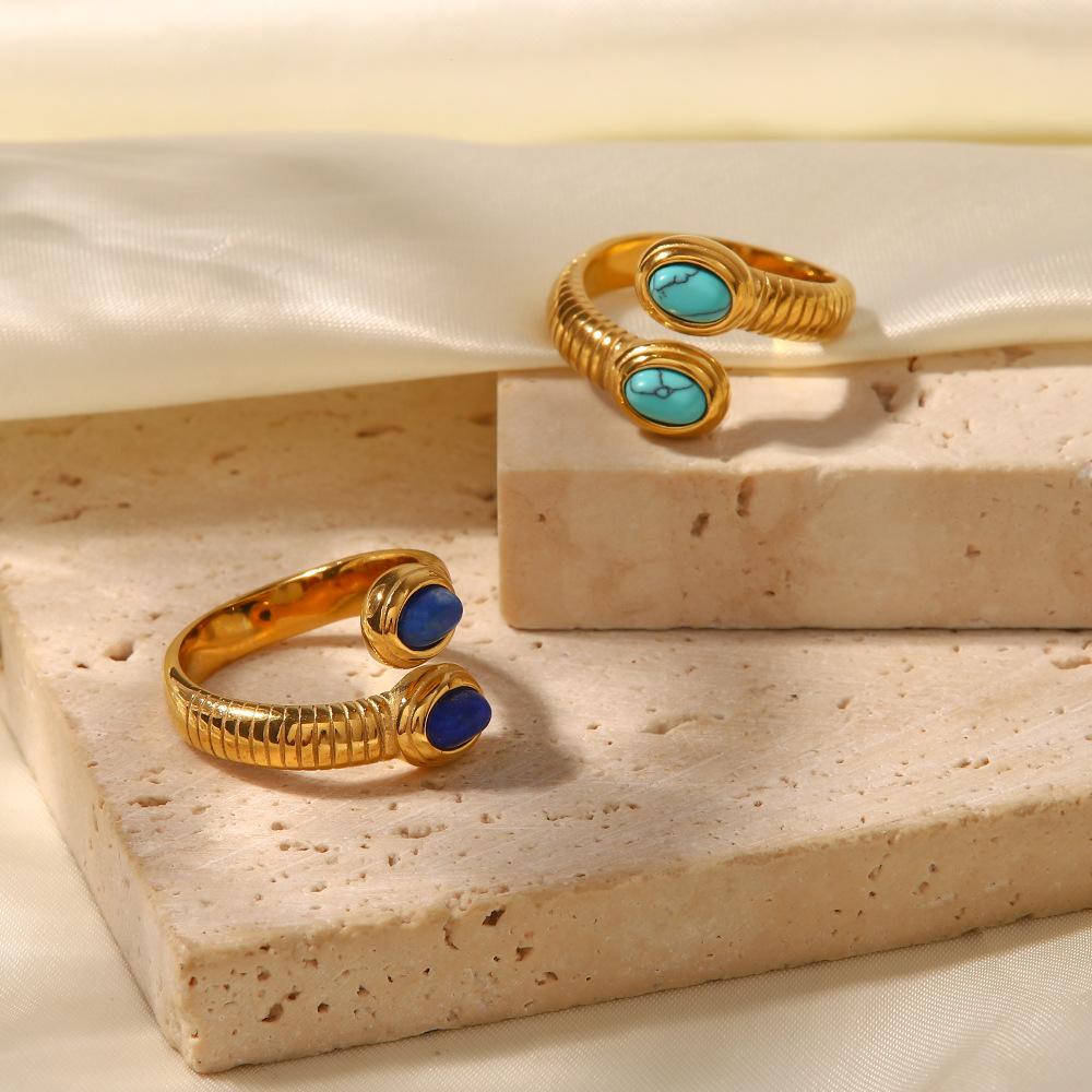Yori Natural Turquoise Stone Stainless Steel Ring Summer Bohemia Woman Charm Texture Waterproof Jewelry for Women