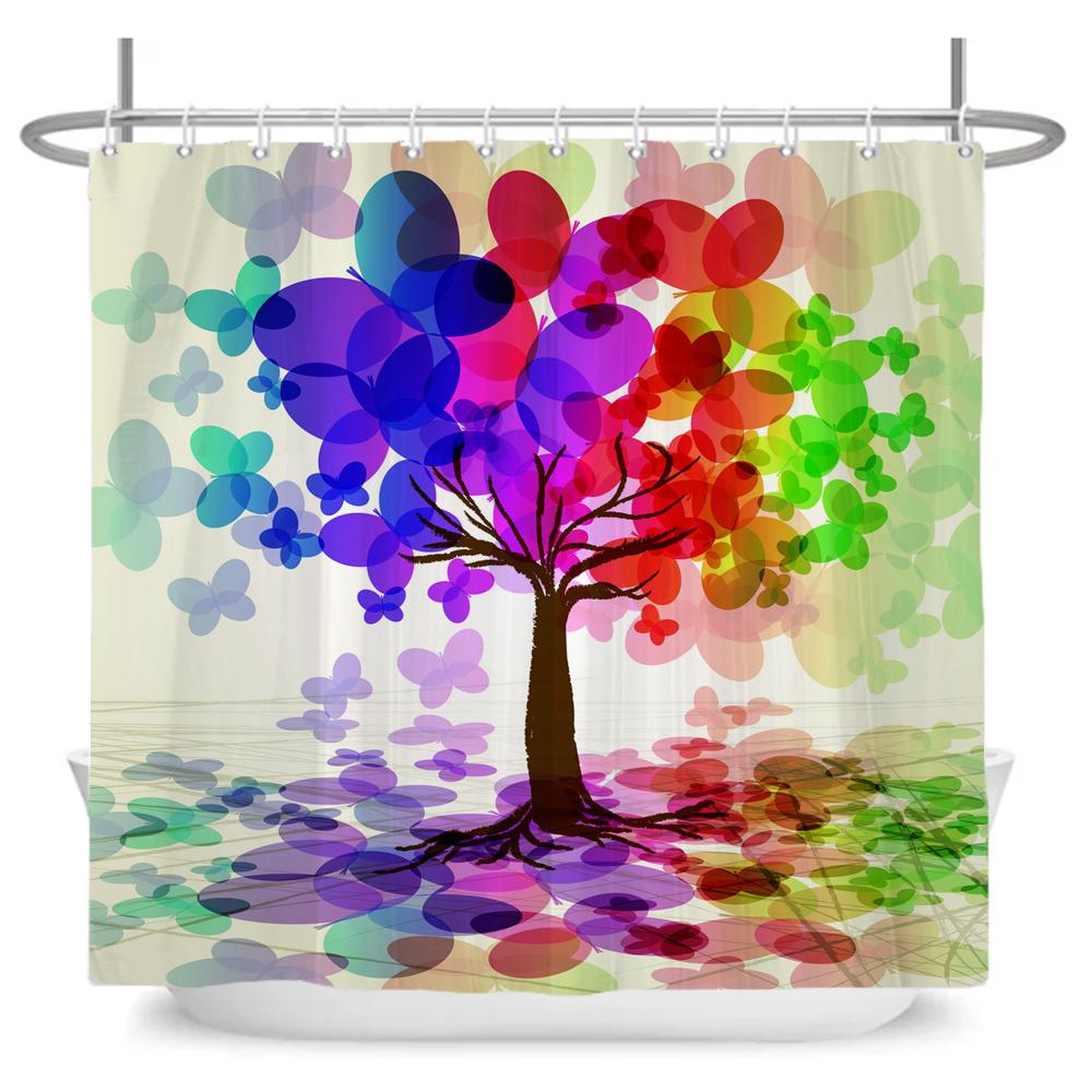 Art Butterfly Flowers Shower Curtain Floral Bath Curtain Polyester Fabric Waterproof Bathroom Curtains with Hooks Bath Screen