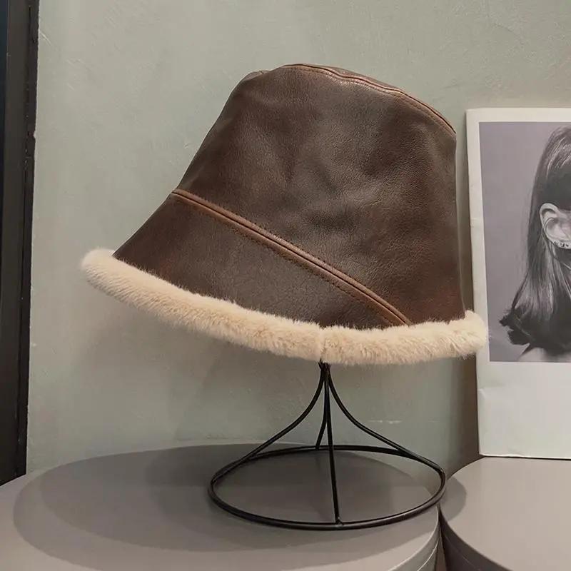 WTEMPO Solid Color Autumn Winter Splicing PU Bucket Hats Female Faux Fur Plush Cold-proof Windproof Hats