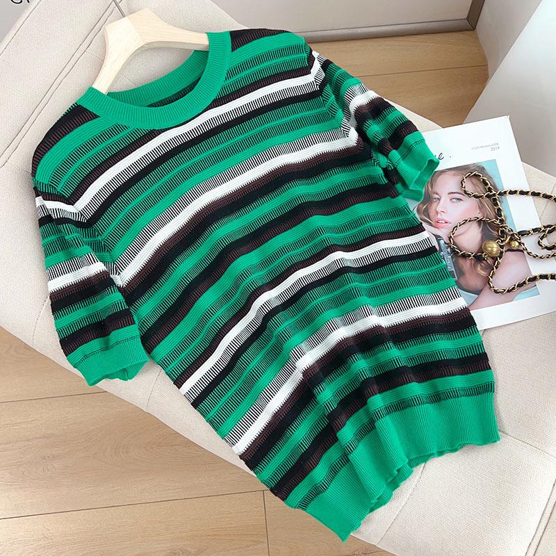 

Женская полосатая хлопковая трикотажная футболка с коротким рукавом, летняя с круглым вырезом и летняя новая модель с рукавом до локтя и цветными блоками, футболка для тела XXL