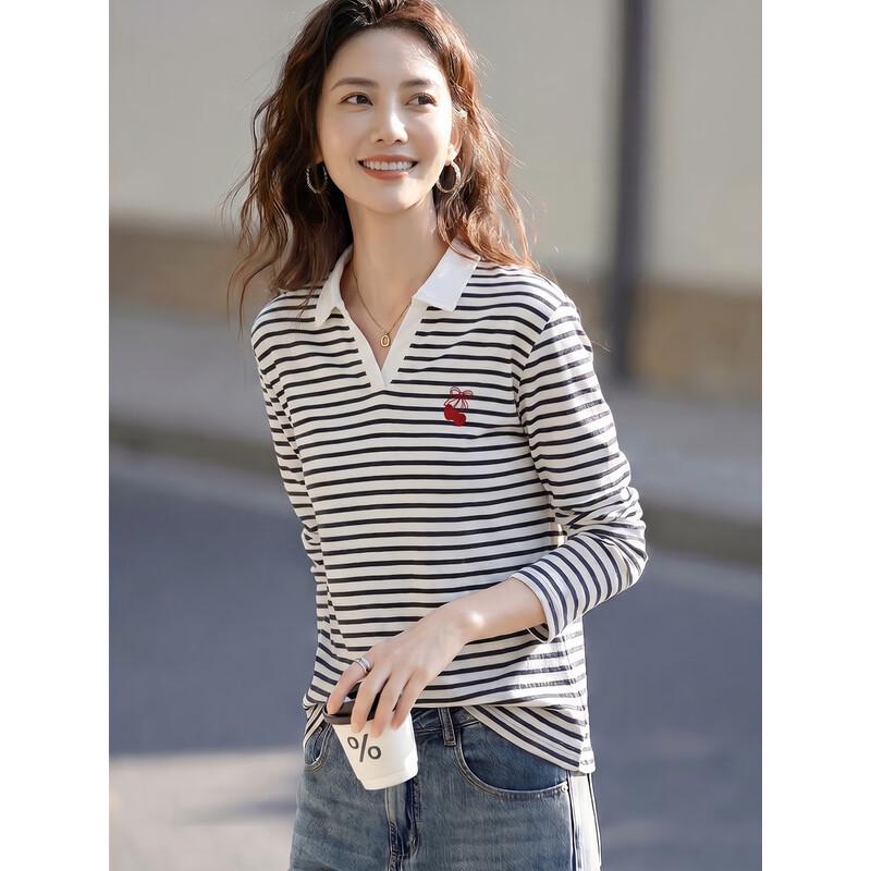 Women's Casual Striped Long Sleeve Polo T-Shirt