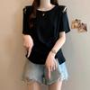 Plus Size One-Shoulder Beaded Hollow-Out Short-Sleeve T-Shirt, Summer Slimming Loose Fit