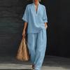 European & American Style V-Neck Short Sleeve Wide-Leg Pants Suit - Spring/Summer Fashion Casual