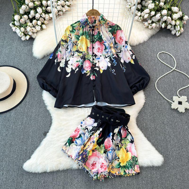 

European and American Socialite Lantern Stand Collar Wide Leg Fashion Suit Black L