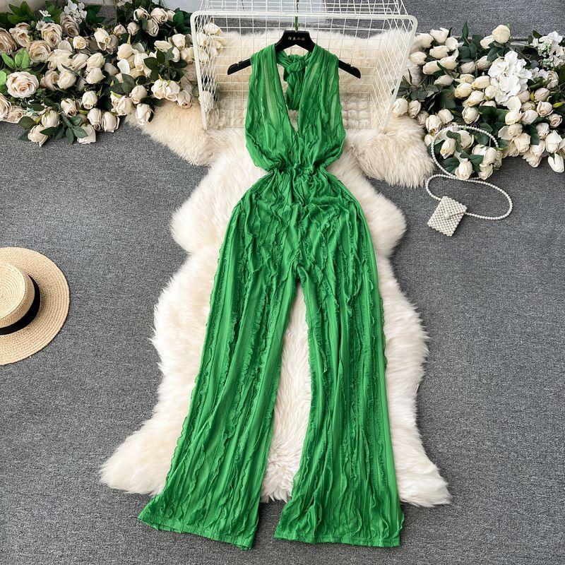 

Fashion Ins Wear Women s Adult Lady like Woman Lightly Mature Deep V Neck Halter Backless Jumpsuit High Waist Casual Vacation Long Pants Green XXL
