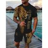 3D Wolf Print Blue Base Summer Men Short Sleeve Suit Short Sleeve Shorts 2 Pieces Casual Fashion Street Clothing