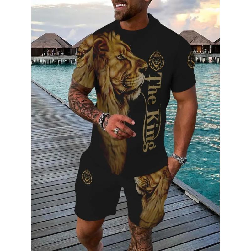 3D Wolf Print Blue Base Summer Men Short Sleeve Suit Short Sleeve Shorts 2 Pieces Casual Fashion Street Clothing