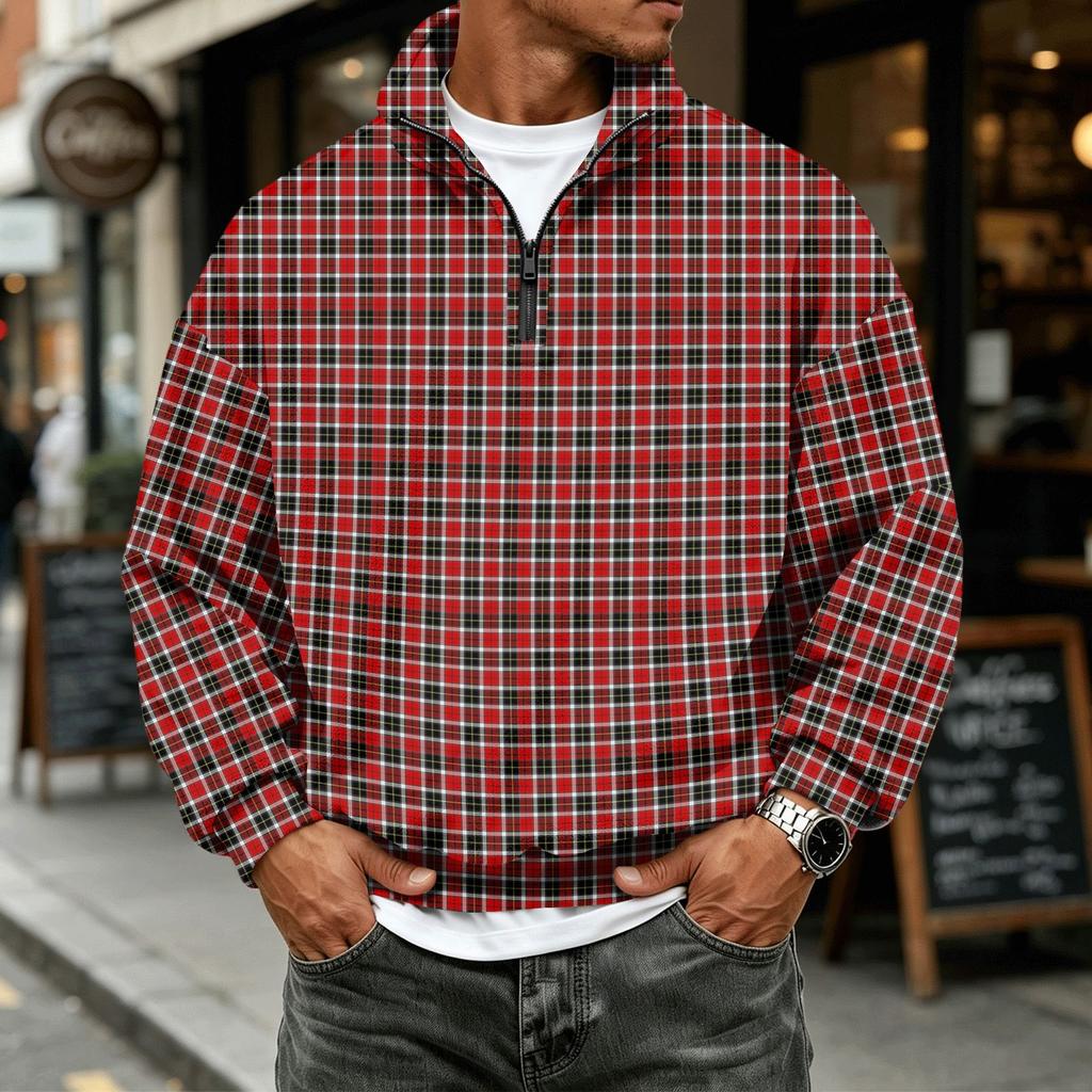 Men's Casual Flannel Quarter-Zip Long Sleeve Sweatshirt Plaid Print