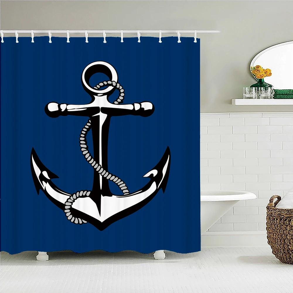 Ocean Sailing Anchor Fabric Shower Curtain Bathroom Curtains Geometry Pattern Waterproof Polyester Bath Screen With 12 Hooks