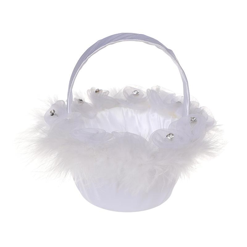 White Flower Girls Basket Pearl Lace Simple Wedding Basket for Flower Bride/kids Hand Held Wedding Ceremony Party Decorations