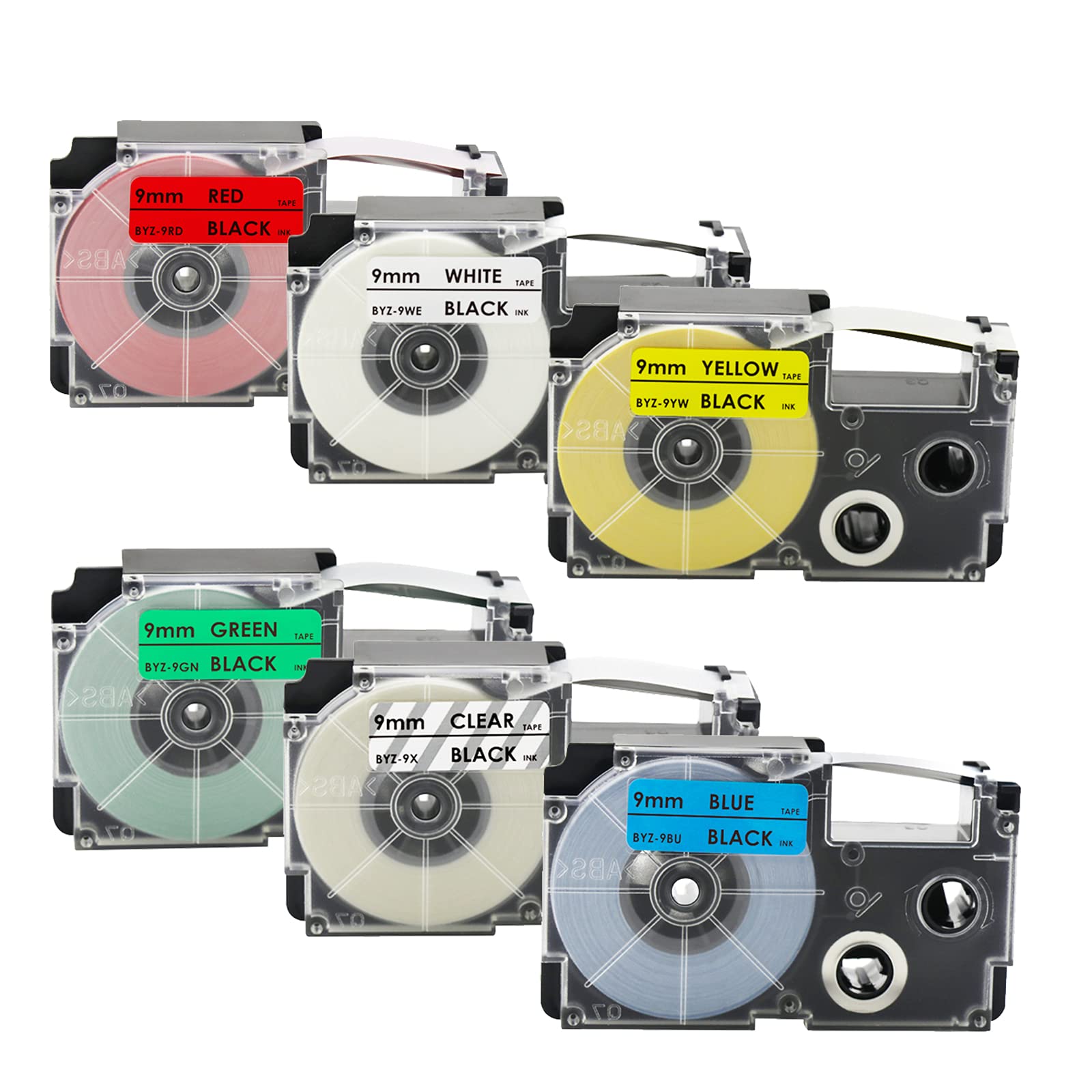 

Casio Name Land Compatible Tape 9mm Black Letters CASIO Name Land 6 Color Set Tape Cartridge Label Writer Blue/Green/Red/White/Transparent/Yellow
