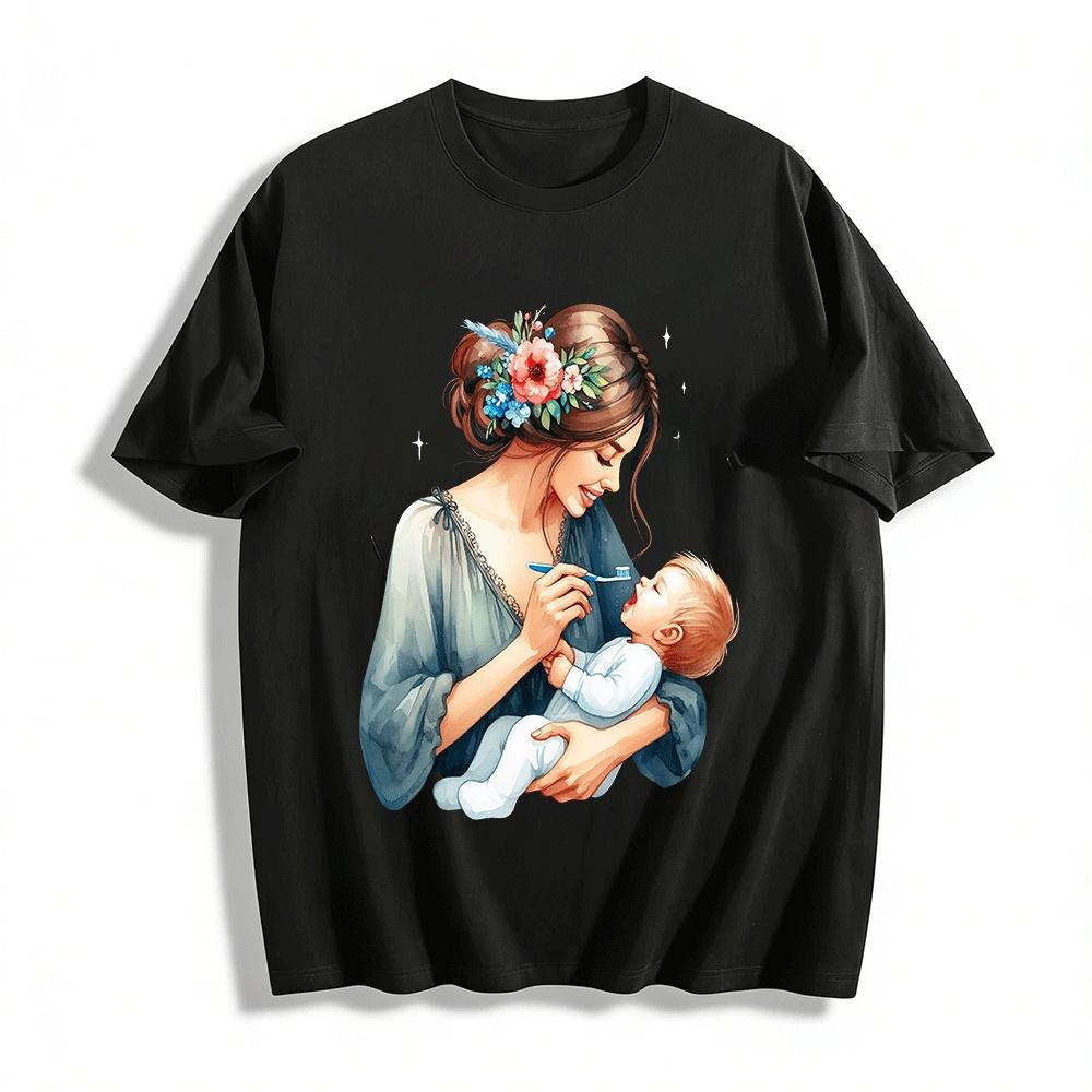 Warm Mother Child Feeding Print Casual Adult Top Pure cotton T-shirt XXS