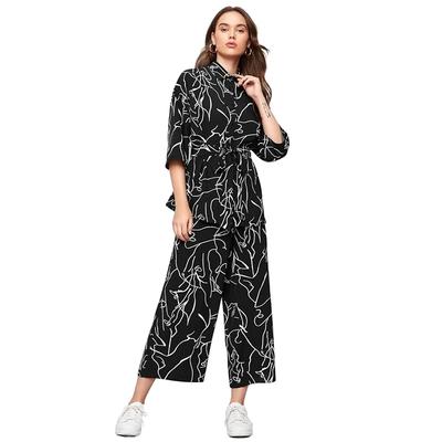 GRECIILOOKS Women Co Ord Set| Collared Self Belted Allover Print| Half Sleeve Shirt| Straight Shirt with Belt| Women Two