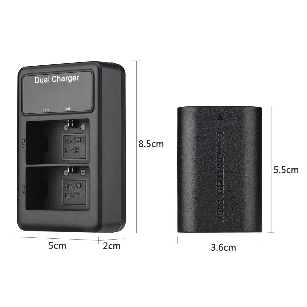 LP-E6/E6N Akku- und Ladegerät-Set, 2 Stück 7,4 V 2650 mAh Akku + 1 Stück LED2-LPE6 Zweikanalkamera