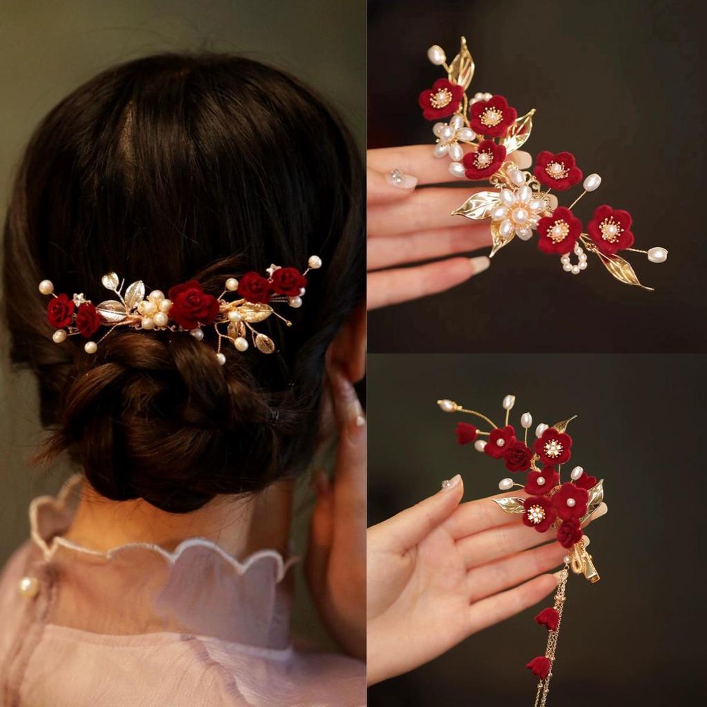 Red Camellia Tassel Hair Clips for Bridal Updo or Evening Gown