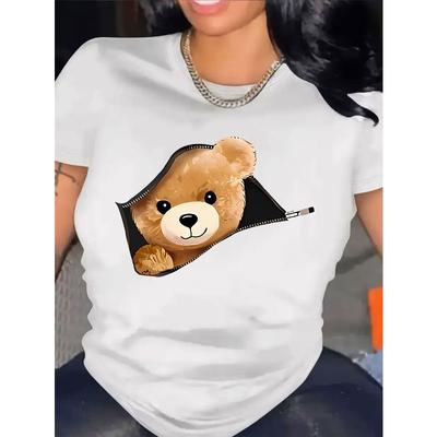 T-shirt da Donna Taglia Europea con Stampa Orsetto Cartone Animato Carino - Manica Corta Girocollo Top Casual con Design Giocoso, Traspirante per Primavera ed Estate