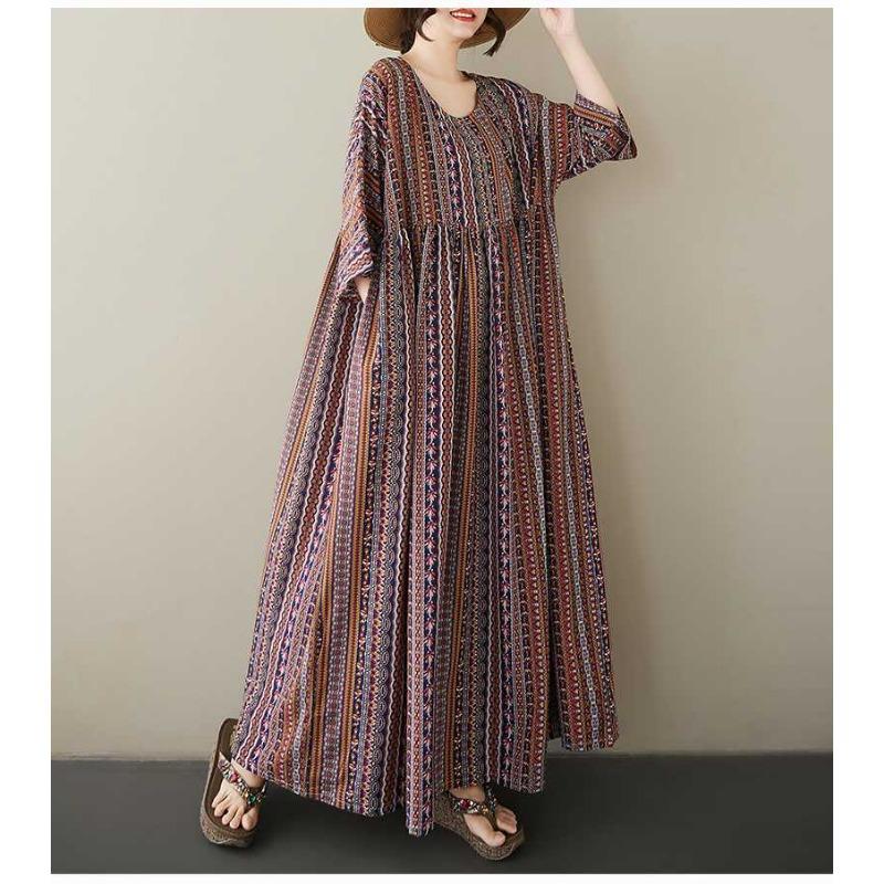 Summer Retro Age Reducing Ethnic Style Round Neck Short Sleeved Striped Dress