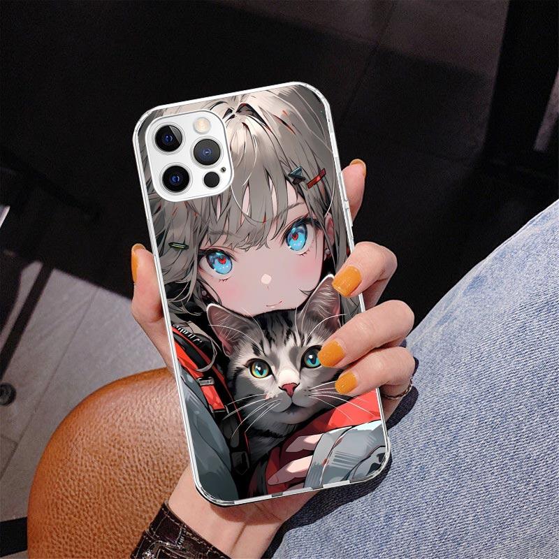 Anime Girls Cute Black Cat Phone Case For iPhone 17 Air 16 Pro Max 16E 15 + 14 Plus 11 12 13 Mini 7 8 SE Gift Print Cover Fundas