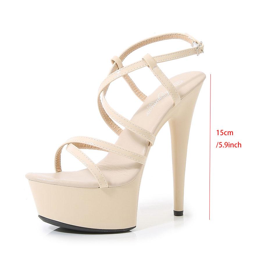 Damen Beige Rote Kreuz Krawatte 15cm Absatz Hohe Wasserdichte Plateausandalen Tanzschuhe LFD-8661-55