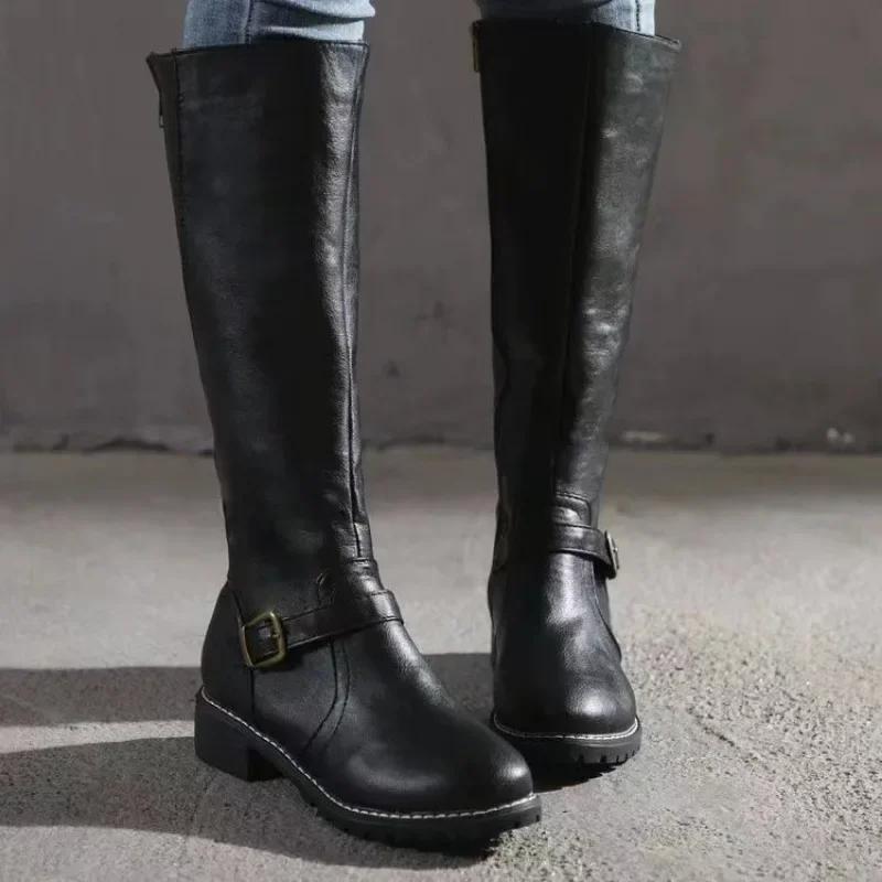 2025 New Women's Shoes Plus Size Side Zip Women's Boots Autumn Classic Knee-High Modern Boots Women Solid Round Toe Shoes Ladies