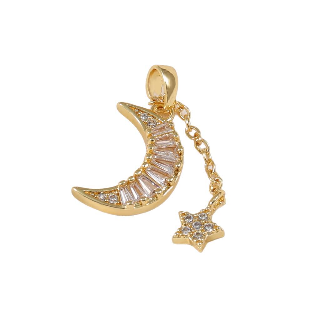 Elegant Star and Moon Crescent Pendant with Square Cut and Small Diamonds on Clavicle Chain