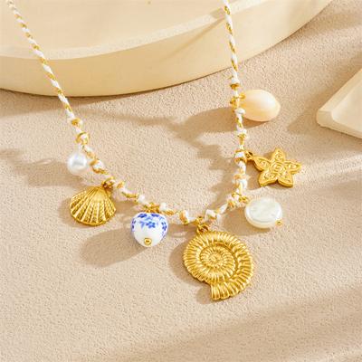 316L Stainless Steel Novel Trend Flower Shell Conch Pearl Pendant Necklace Women Leisure Vacation Neck Chain Jewelry