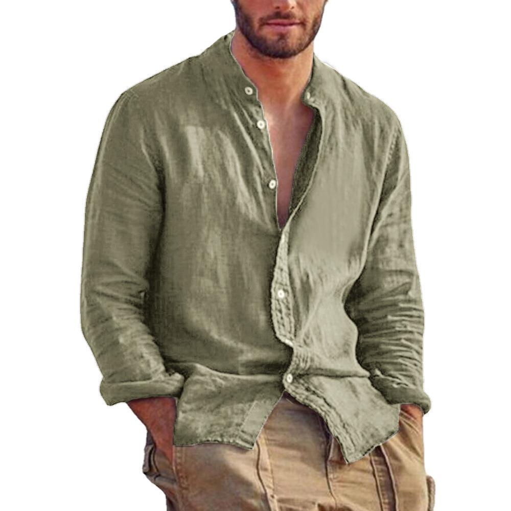 Camisa Nueva de Manga Larga para Hombre de Color Sólido Camisas de Lino Algodón Tendencia Talla Grande Cuello Mao Casual Ligera Tops de Playa