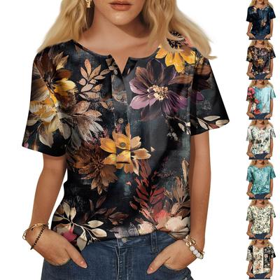 Women's Fashion Casual Short Sleeve Print Round Neck Pullover Top Blouse