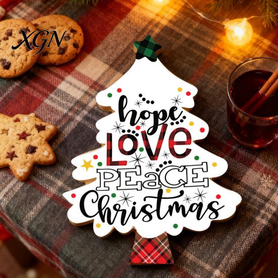 Festive Home Decor Accents Colorful Christmas Tree Tabletop Decor, Wooden Plaid Patterned Xmas Signs with Small Party Favors Merry Greetings,