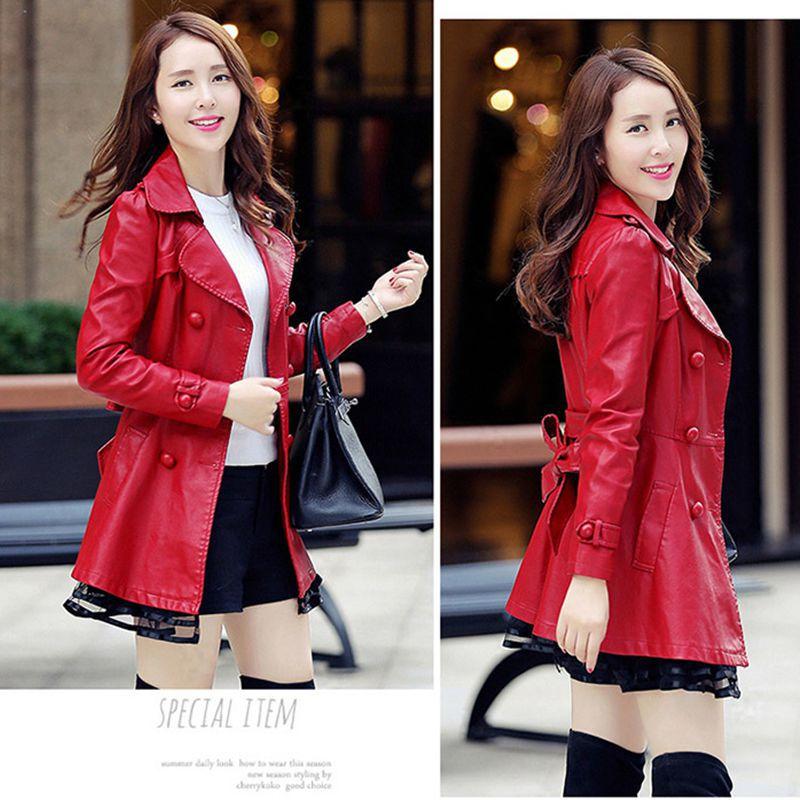Leather jacket women's medium and long leather jacket leather trench coat autumn and winter women's clothing bubble sleeve design double-breasted