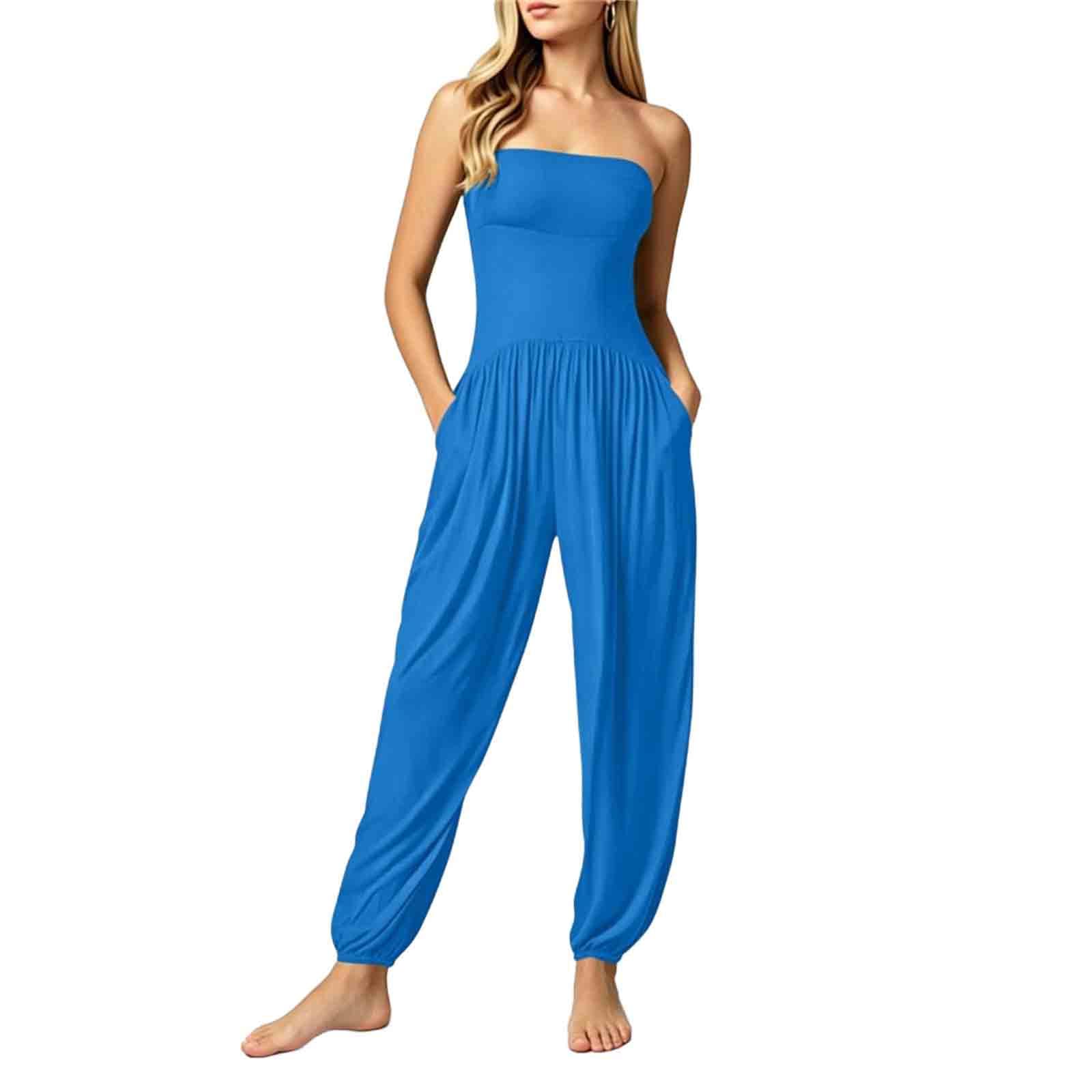 

Women Sleeveless Strapless Jumpsuit Elastic Waist Pocket Casual Loose Fit Romper Full Length Pants XL синий