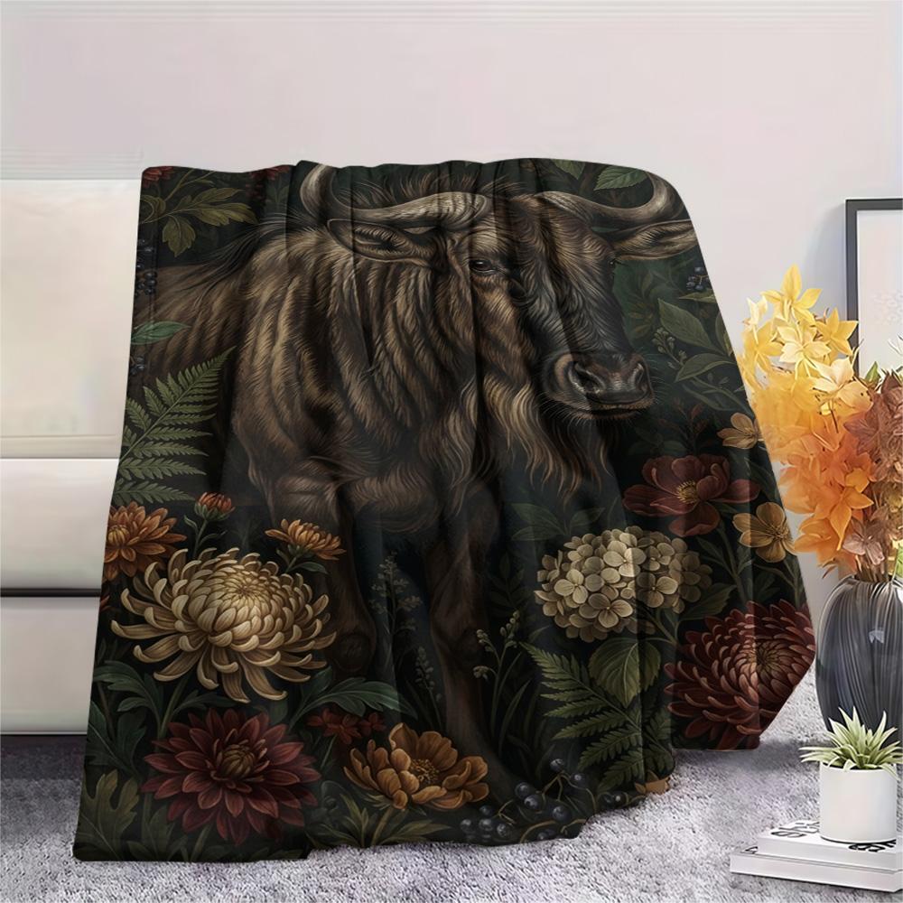 1PC Dark Floral Wildlife Print FlAannel Blanket, High quality Comfortable for All Seasons, Home Decor, Warmth and Comfort