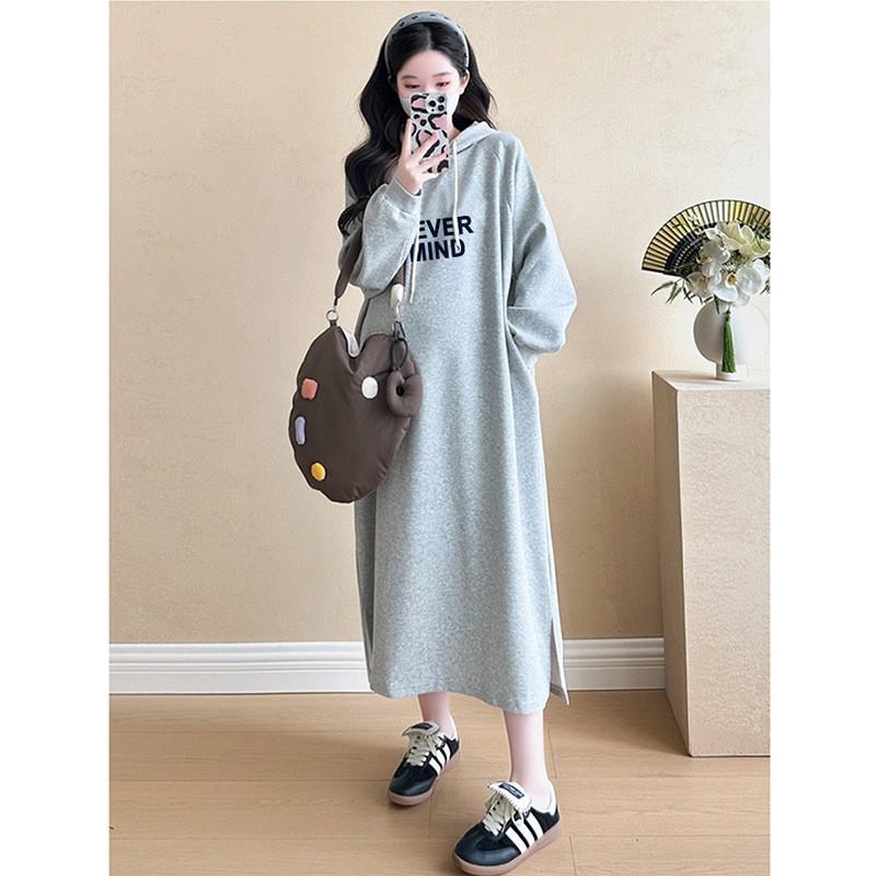 

2025 Maternity Hooded Dress - Plus Size, Loose, Knee-Length, Long Sleeve, Slimming Grey for Spring/Autumn XL