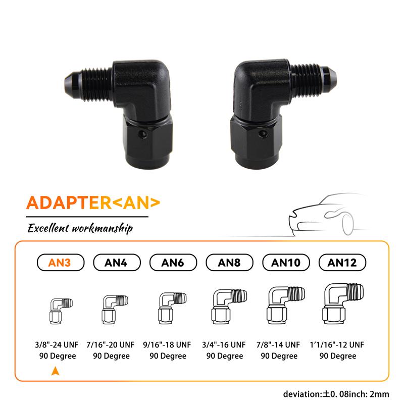 

2PCS AN3 AN4 AN6 AN8 AN10 AN12 Female to 3AN-12AN Male 90 Degree Flare Swivel Hose Fitting Adapter Black Aluminium Anodized