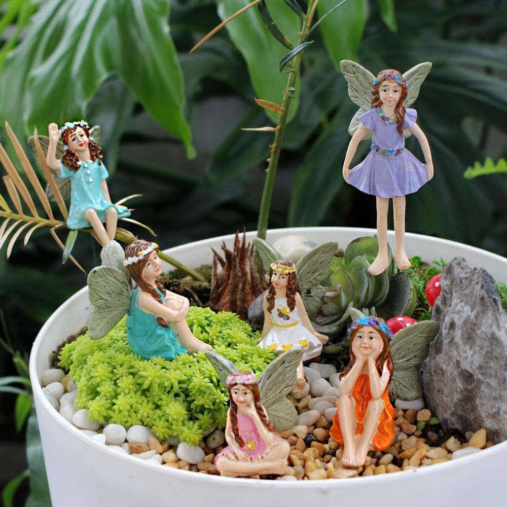 6 Stück Außendekorationen mit Flügeln für Feen-Stäbe, Gartendekorationen mit Feen-Landschaftsskulpturen, Märchen-Dekoration für Rasen und Topfpflanzen, Zubehör für Haus und Garten