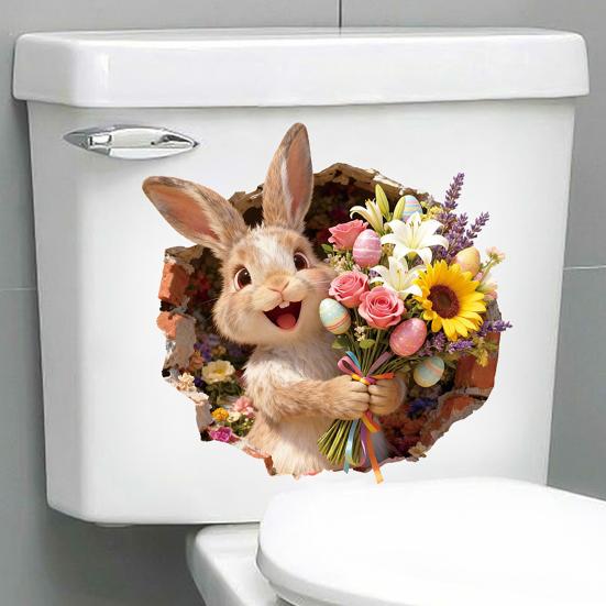 Yousheng Broken Hole Bunny Toilet Sticker Waterproof Self-adhesive PVC Living Room Bathroom Wall Art Egg Flower Rabbit Toilet Seat Lid Decoration